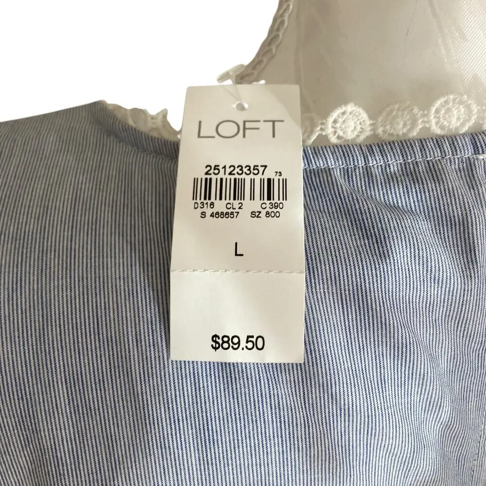 NWT Loft Blue White Stripe Crochet Lace Pinafore Old Money Dress Size Large - Picture 6 of 16